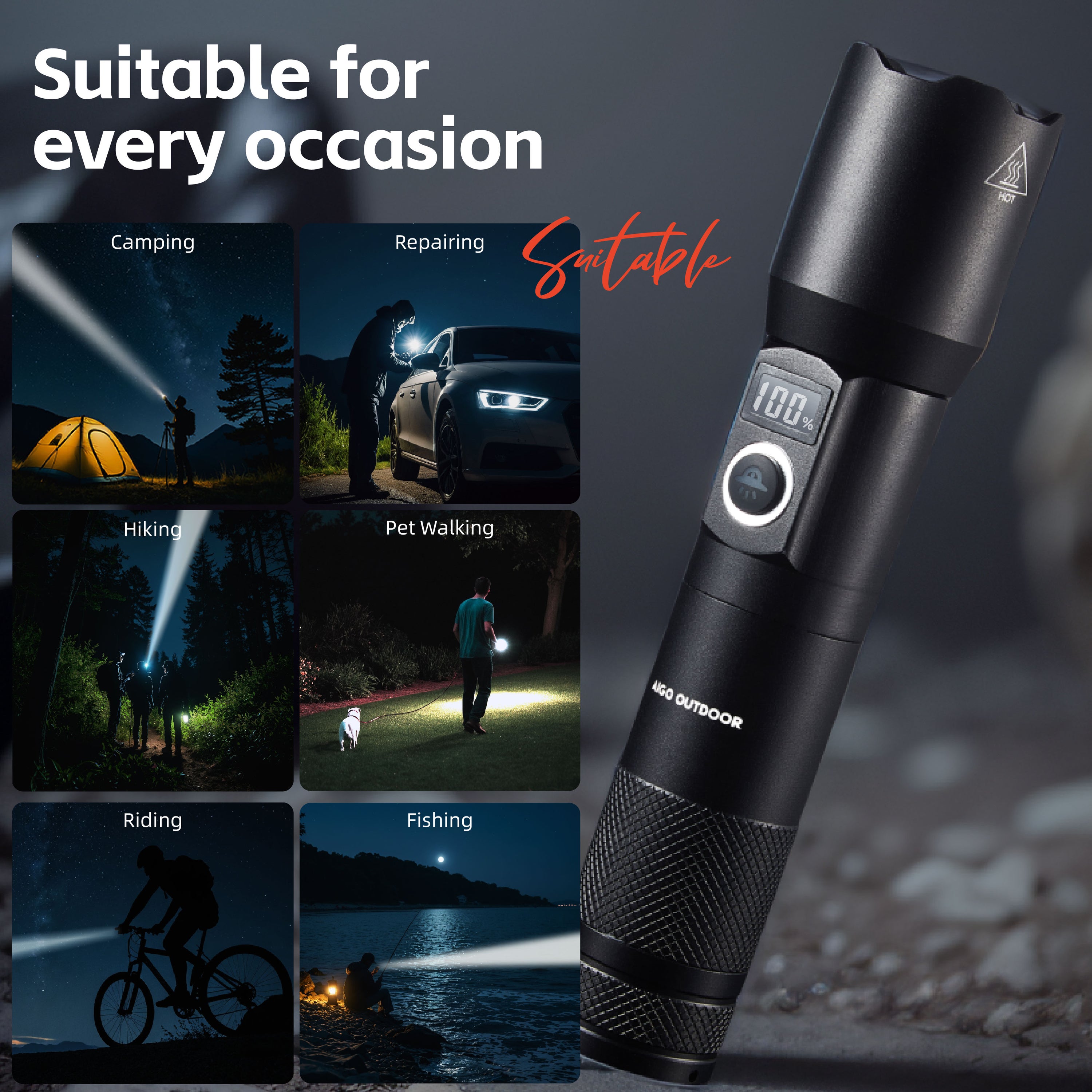 aigo SH02 Power Display Flashlight, Rechargeable Zoomable Flashlight